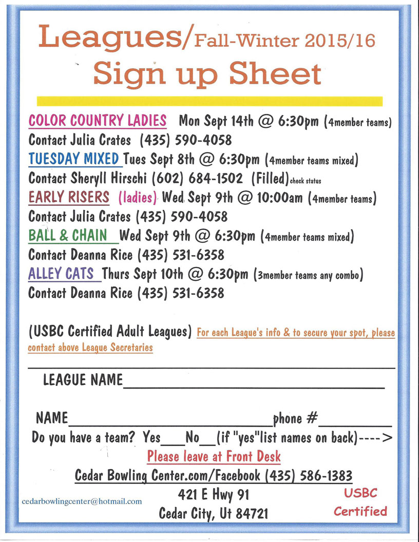 2015 Cedar Bowling Center Fall Leagues