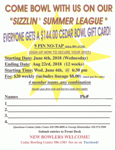 2018 Summer Bowling League Cedar City Utah