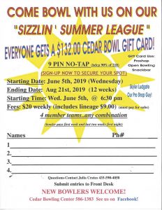 2019 Sizzlin Summer Bowling League Cedar Bowling Center